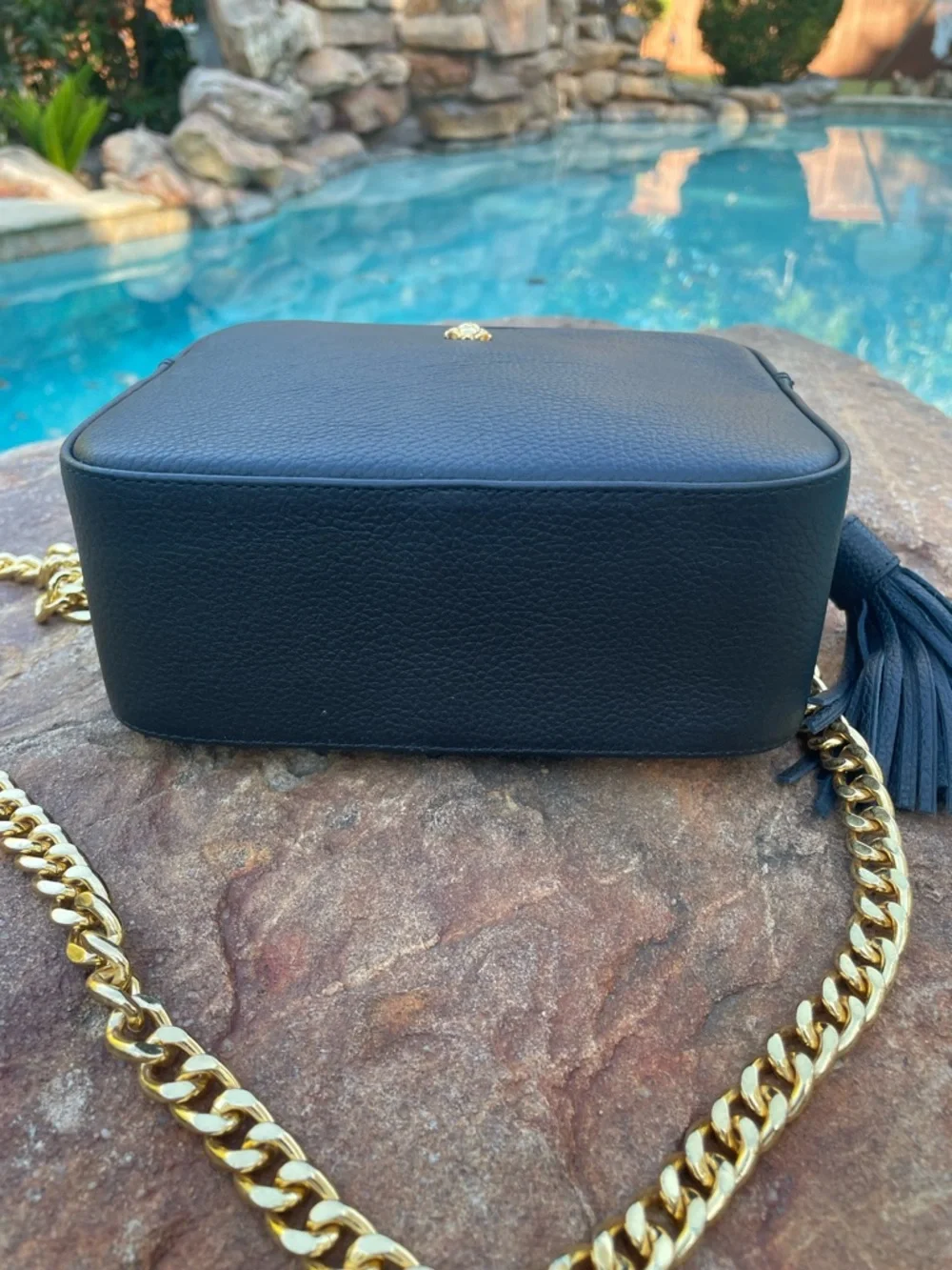 Black Leather Crossbody with Gold Chain and Tassel Accent by Avorigen (CdlG)